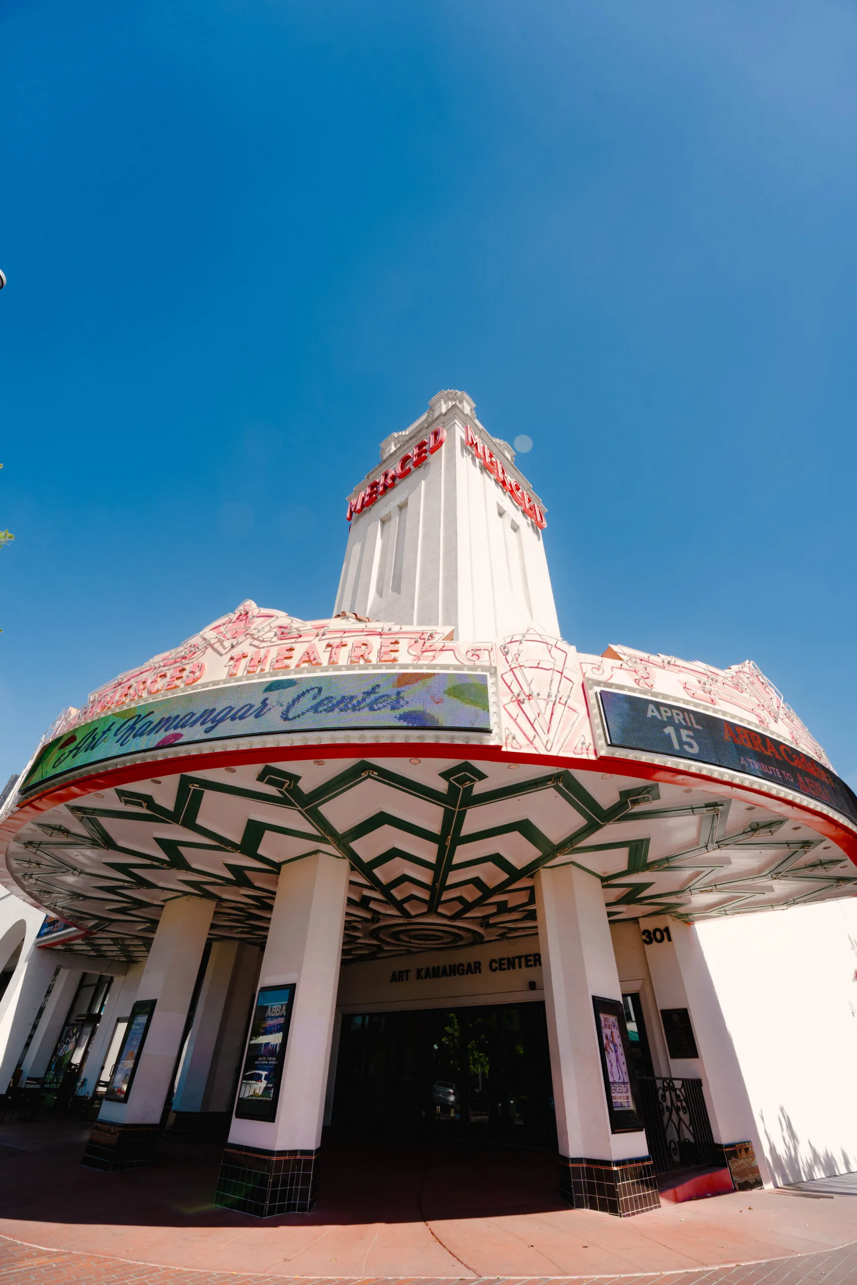 Historic landmarks in Merced, featuring the prominent Spanish Colonial Revival tower of the Merced Theatre.