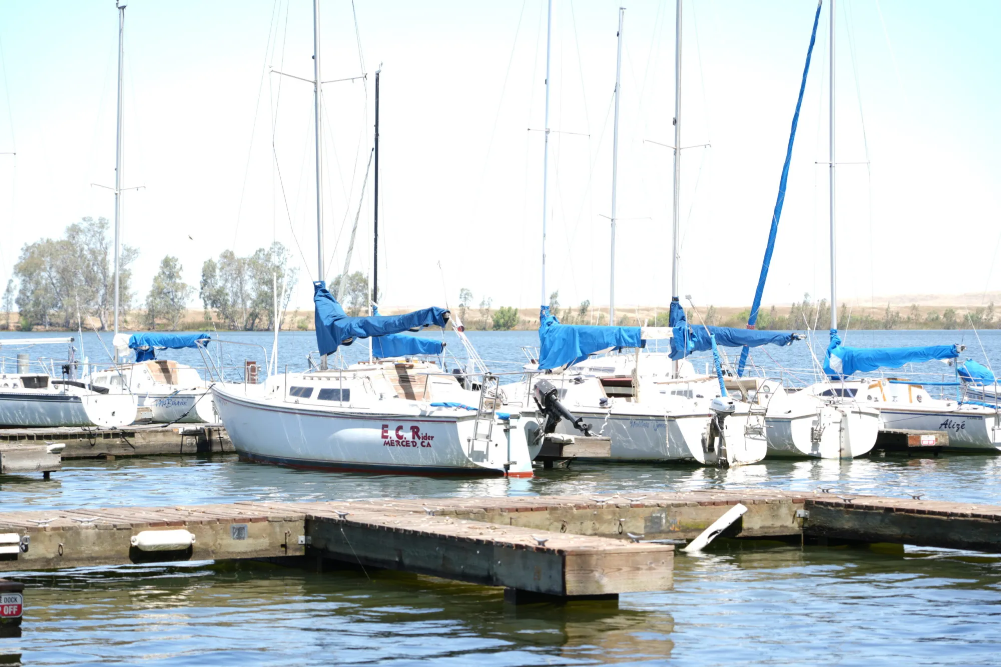 Several small white sailboats with blue canvas covers parked alongside wooden docks on a sunny lake.