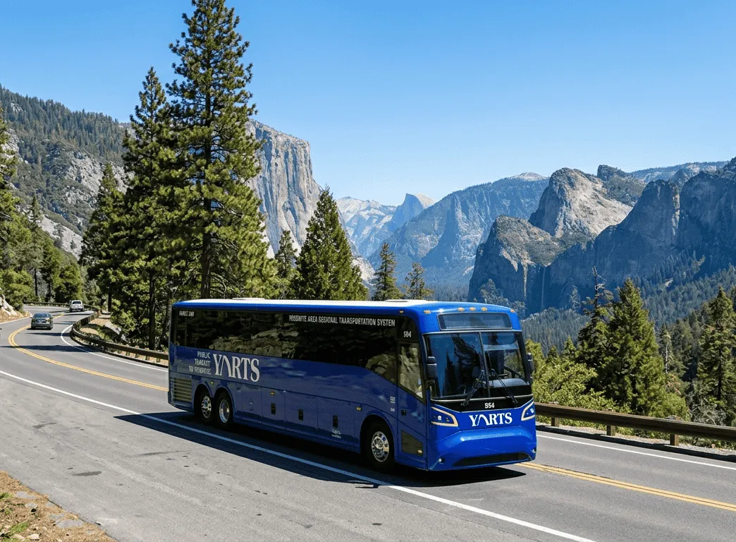 A blue YARTS charter bus driving on a mountain highway with granite peaks and evergreen trees in the background.