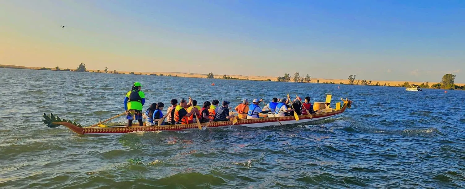 Water sports and annual community dragon boat racing events on Lake Yosemite in Merced, California.