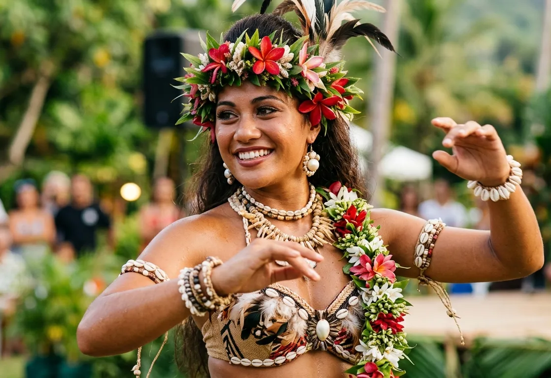 Cultural performance at a Merced community festival, showcasing traditional Pacific Islander dance, costume artistry, and festive celebrations.