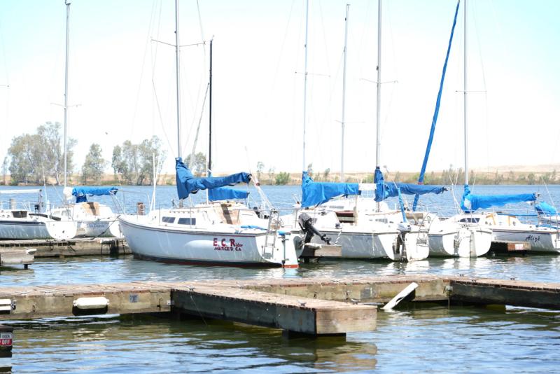 Several small white sailboats with blue canvas covers parked alongside wooden docks on a sunny lake.
