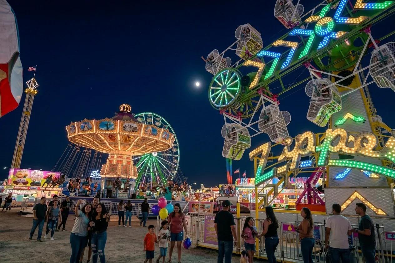 A vibrant nighttime carnival scene featuring illuminated rides, including a Zipper and a Ferris wheel, with crowds of people under a full moon.