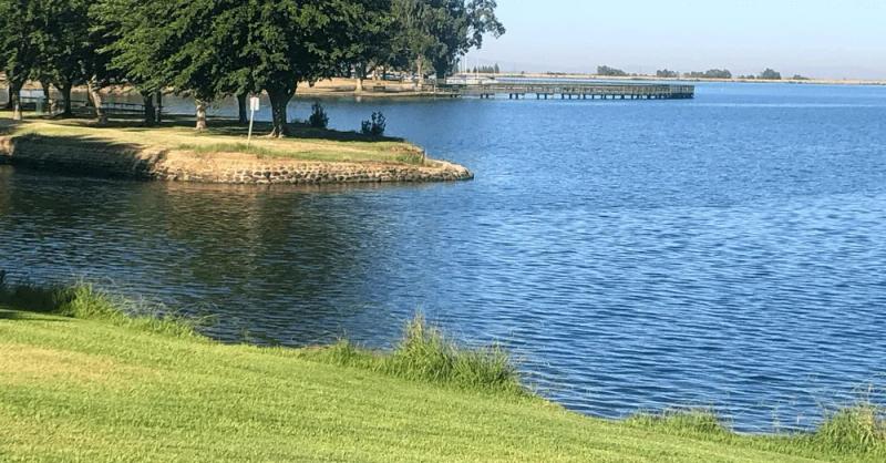 A scenic view of a wide blue lake with a grassy green bank in the foreground, a stone-lined point with shady green trees, and a wooden pier stretching over the water in the distance.